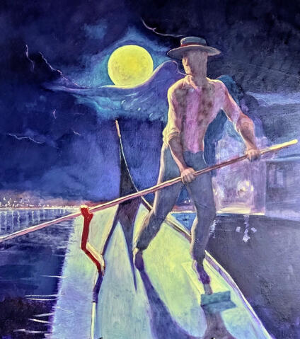 Nocturnal Gondola (Venice, 2025) Original painting by Stefan N. Popdimitrov Created in Venice A solitary gondolier glides through the silent waters of Venice, suspended between dream and reality. Light dissolves into reflection, and movement becomes memory